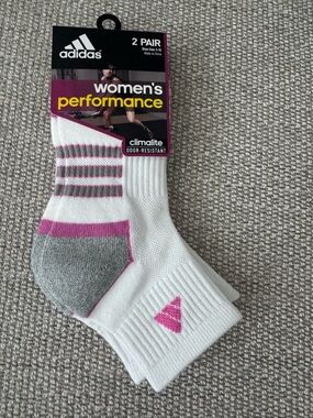 adidas White Crew Socks with Pink & Gray Stripes - 2 Pair